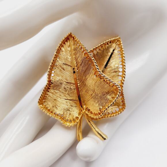 Vintage B.S.K. Gold Plated Leaf Brooch, Textured Double Leaf Design, 2 Inches - Picture 1 of 7